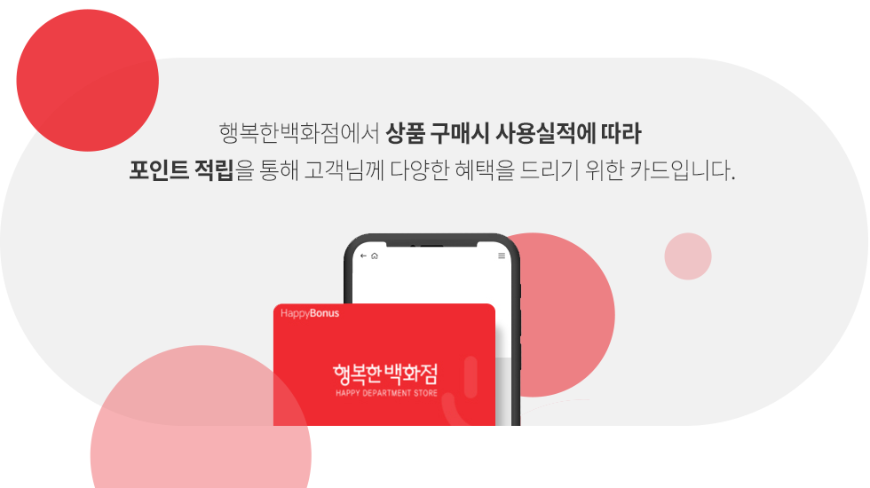 행복한백화점에서상품구매시사용실적에따라포인트적립을통해고객께다양한혜택을드리기위한카드입니다